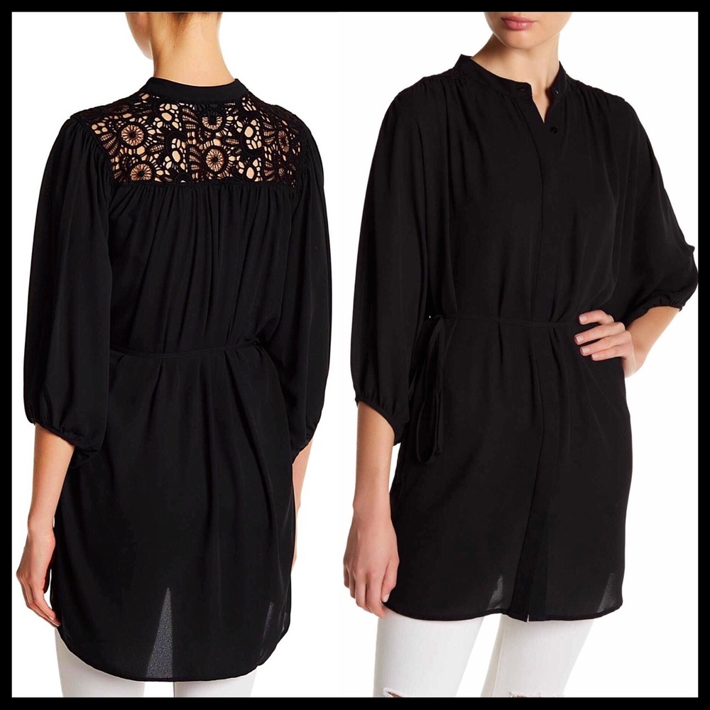 BLACK V-NECK BOHO CROCHET LACE TUNIC TOP BLOUSE - Picture 4 of 8